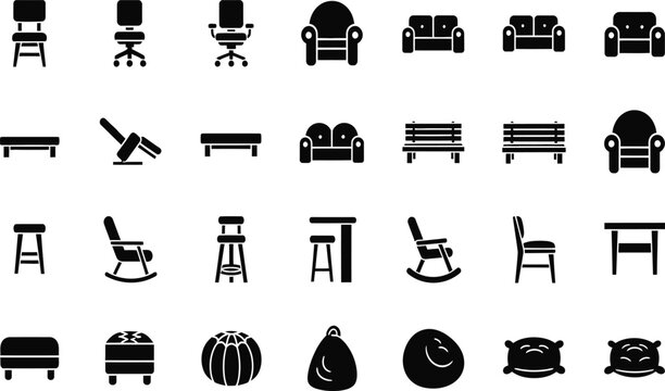 Collection of black silhouette icons representing various types of furniture for home and office
