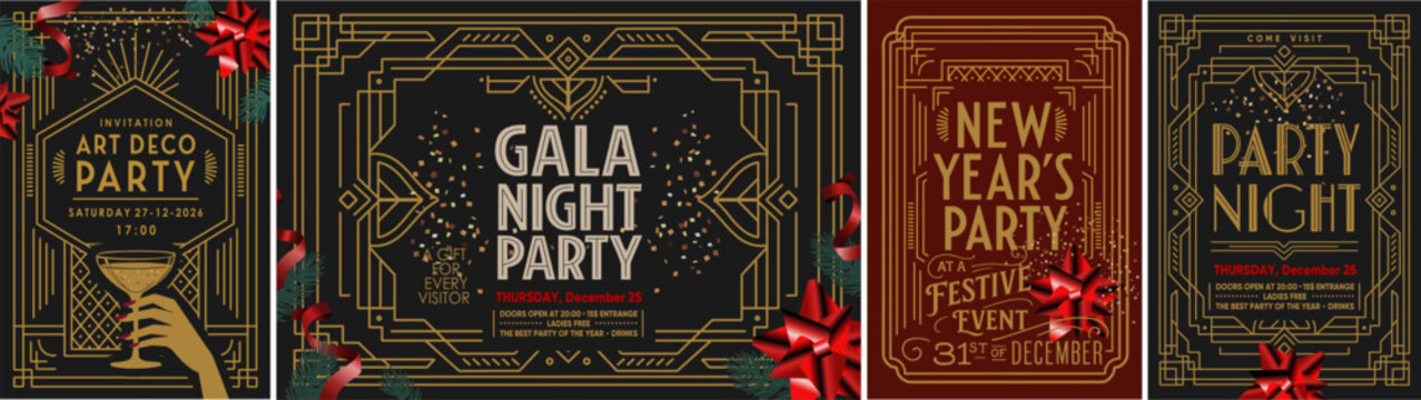 Elegant Art Deco party posters with gold geometric frame, festive confetti. Luxurious vintage design for gala invitation, New Year event, holiday party, and glamorous celebration
