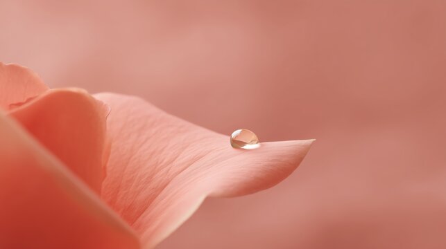 A single, pristine water droplet glistens on the soft petal of a rose. A macro shot highlighting beauty and transience in perfect detail.