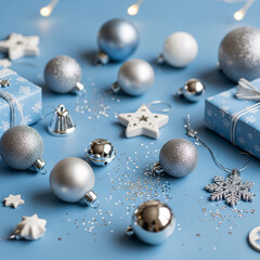 Festive christmas ornaments and gifts on a blue background for the holidays
