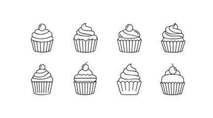 A collection of eight hand drawn cupcake silhouettes in a simple outline style