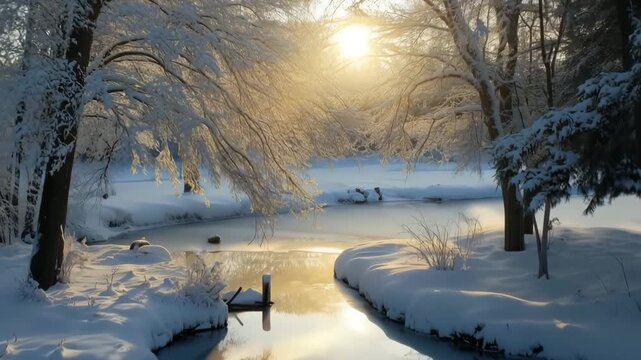 A serene winter landscape featuring a frozen river surrounded by snow-covered trees, sunlight filtering through branches, creating a warm glow