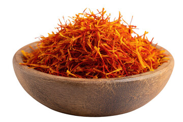Fototapeta premium Saffron threads in wooden bowl isolated on transparent background