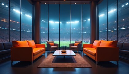 Luxury stadium VIP lounge with orange sofas and armchairs faces football field. Large windows show packed stadium at night under bright lights. Exclusive seating area.