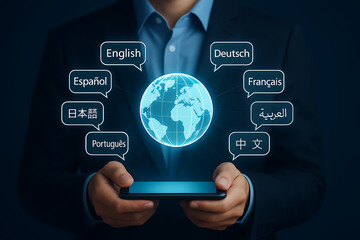 A businessman holds a phone displaying a globe with multiple languages for global communication, translation, and international business opportunities and market