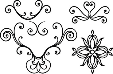 Ornate scrollwork flourishes and floral elements in black and white