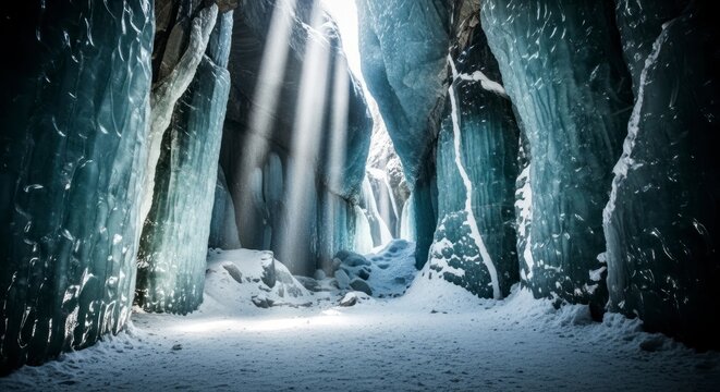 Sunlight streaming into a mystical ice cave with snow-covered ground and towering ice formations, creating a serene and ethereal winter landscape.