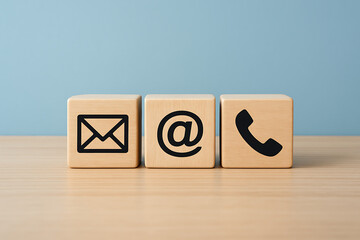 Three wooden blocks on a table with icons for email, address, and telephone representing various contact us options for customer service and communication