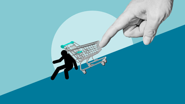 Inflation as Food price increase cause. Collage with man pushing up the shopping trolley for goods on the hill. Living wage