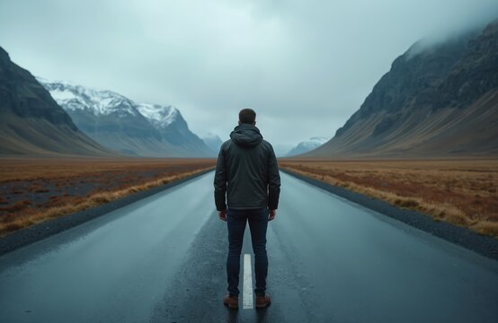 Man standing on empty road between mountains. He faces the future making a life choice. The picture shows a concept of decision making and lifestyle. - Powered by Adobe