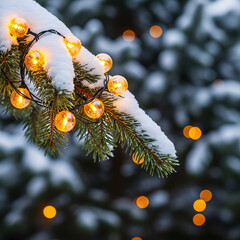 Christmas lights glow warmly on a snowcovered pine branch in winter