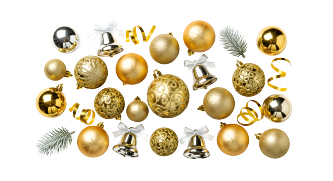 Golden Christmas Ornaments, isolated on transparent background