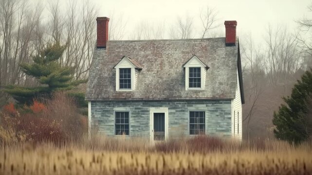 A quaint, weathered cape cod house with a shingled roof, surrounded by tall grass and trees in a serene landscape