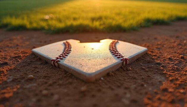 Close-up of a baseball home plate on a dirt field at sunset. Grass and sky are blurred in the background. The plate is white with red stitching.