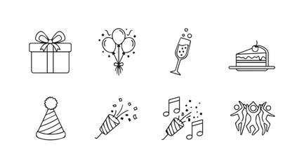 Fototapeta premium Collection of festive party celebration icons in a simple line art silhouette style