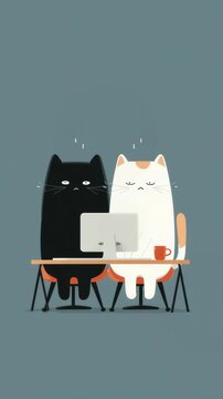 Looping animation of black and white cartoon cats with changing expressions watching a computer screen at a desk in flat minimal style