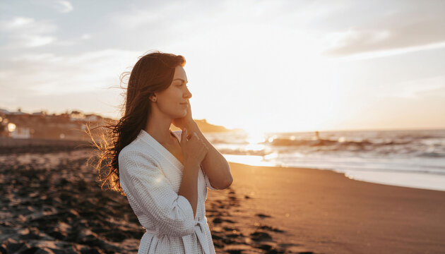 Serene woman in plush robe embraces golden sunset glow on tranquil beach, finding peaceful escape and rejuvenation by the ocean.