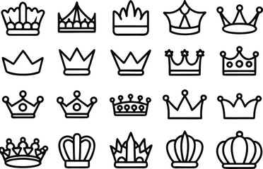 Collection of crown icons: royalty, power, and leadership symbols