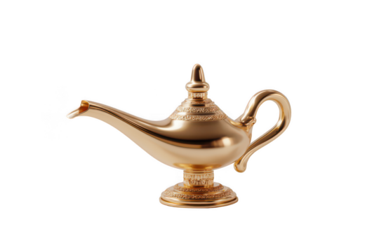 Golden magic lamp isolated on transparent background, close up