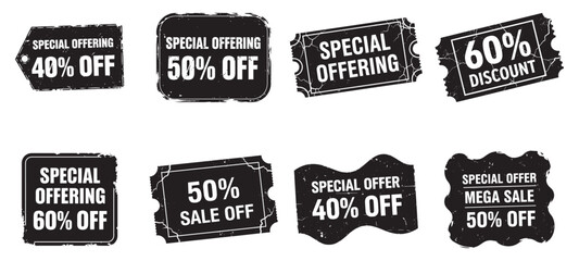Dynamic sale tags and labels offering percentage discounts and special deals grunge style