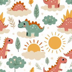 Obraz premium Seamless pattern featuring cute cartoon dinosaurs sun clouds leaves and stars. Pastel color illustration for kids design wallpaper textile wrapping paper.