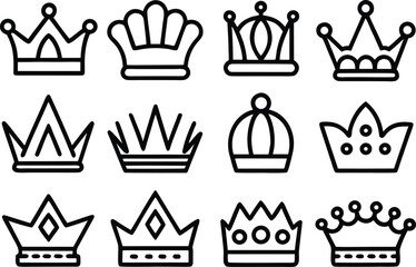 Set of 12 different crown icons in a simple outline drawing style
