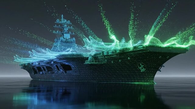 Hologram of a naval aircraft carrier with plexus data scan