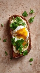 Creamy Açorda with poached egg and coriander leaves, dish from Portugal on beige background, minimalist food photo, template for social media, digital ads, web banners, mobile wallpaper, greeting card