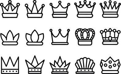 Collection of royal crown icons in a simple line art style.