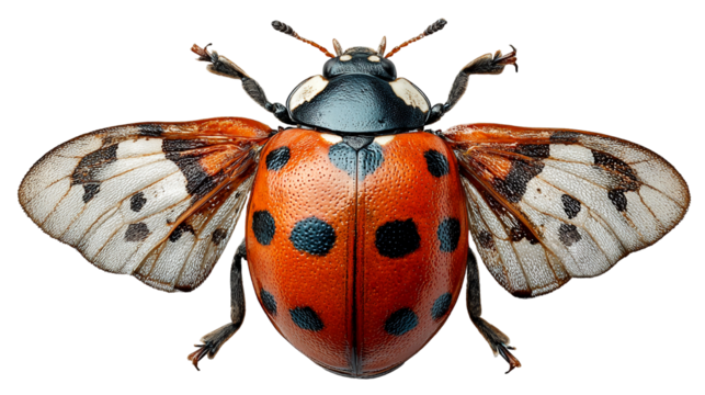Stunning macro view of ladybug showcasing intricate details, vibrant colors, and delicate wings against a black backdrop, perfect for nature and design projects isolated on transparent background