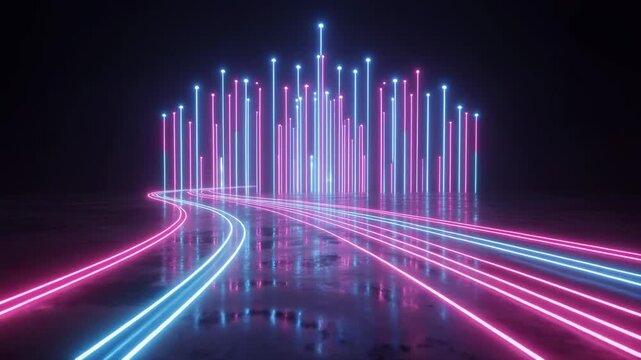 Abstract Neon Light Trails In Pink And Blue Leading To A City Skyline Shape lines