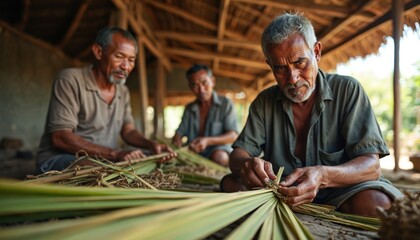 Three Asian men weave palm leaves in a rustic workshop. They engage in manual labor creating handcrafted items. Their faces show concentration on detailed work.