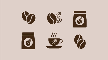 Coffee bean, steaming cup, and bag icon set. cafe vector design elements. Vector