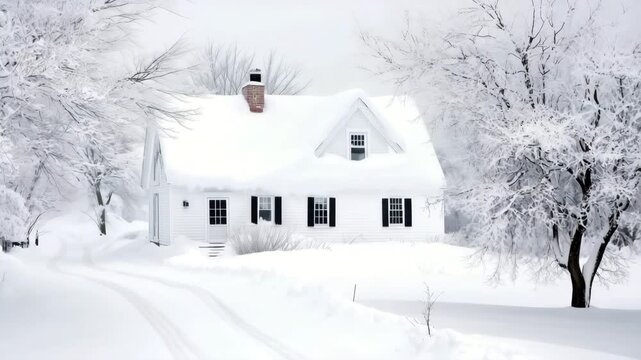 A cozy white cape cod house covered in snow, surrounded by snow-laden trees, creating a serene winter landscape