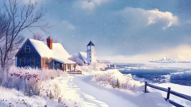 A serene winter landscape featuring a snow-covered path leading to quaint cape cod houses by the water, with a distant church and a snowy shoreline under a cloudy sky