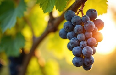 Fototapeta premium Close up photo of ripe grapes on vine in vineyard. Bunch of dark grapes fruit with green leaves. Sunlight shines through the foliage. Agriculture concept.