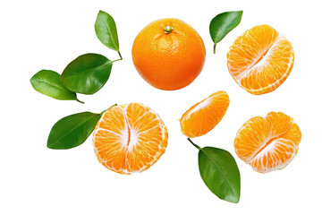 Fresh tangerines with leaves isolated on transparent background
