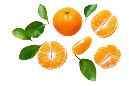 Fresh tangerines with leaves isolated on transparent background
