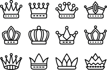 Collection of twelve crown icons in black and white line art style
