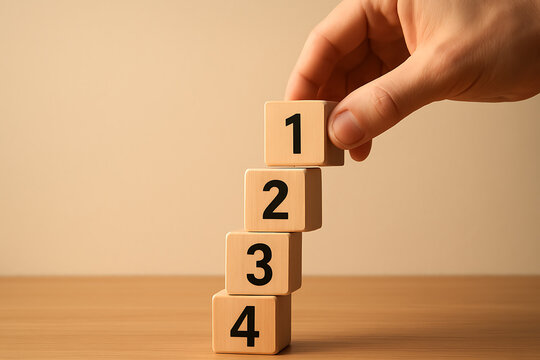 A human hand is stacking four wooden blocks labeled with the numbers 1, 2, 3, and 4, illustrating a sequential and orderly business process