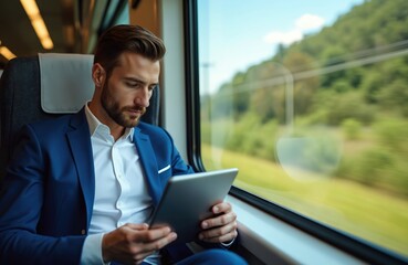 Bearded man in blue suit uses tablet computer on high speed train, gazing out window at passing green landscape. Business traveler works remotely while commuting.