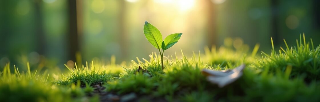 New plant grows in sunlit forest floor. Green sprout emerges from soil surrounded by grass. Sunlight beams through trees on natural woodland. Life begins anew.