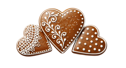 Decorated Gingerbread Hearts, isolated on transparent background