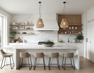 Modern kitchen with island, marble counters, and wooden shelves. Minimalist decor, neutral colors, and natural light create a serene atmosphere. Four bar stools are arranged around the island.