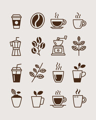 Coffee icons set: bean, cup, grinder, plant, and brew elements collection Vector