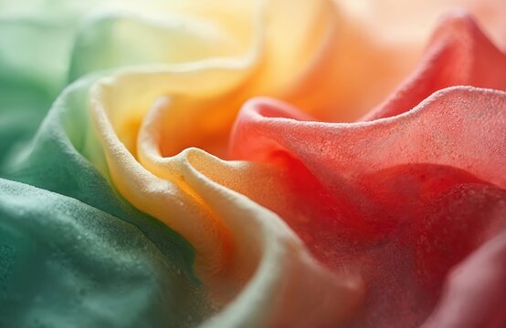 Swirling colors of green yellow and red merge in soft waves. Smooth textured fabric folds create abstract organic shapes and patterns. Gentle gradient effect with light passing through thin material.