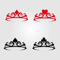 A red and black Queen's Crown with Playing Card Symbols symbolizes royal power and luxury.