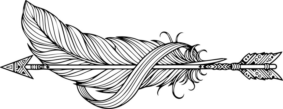 Detailed feather and arrow design with intricate line work, evocative of bohemian style and tribal motifs, ideal for creative projects and artistic expression