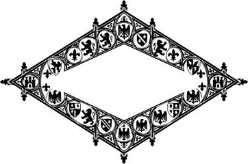 Elegant heraldic crest ornate diamond frame with lions eagles shields and fleur de lis for royal branding or vintage design projects © Artesian Edge