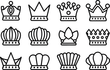 Collection of twelve distinct crown icons in a clean, modern outline style